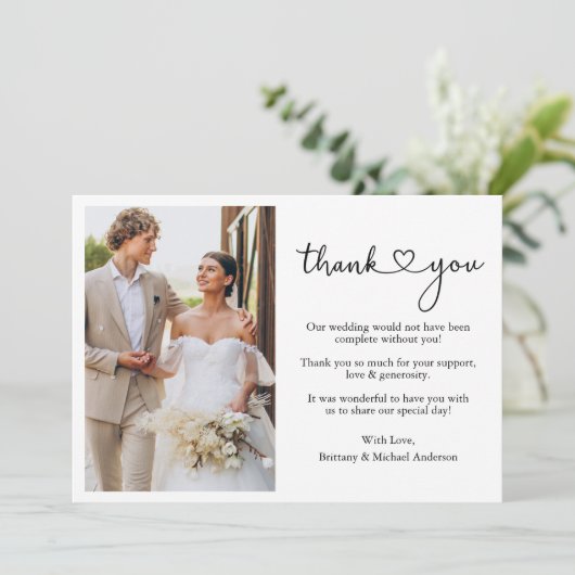 ミニマルモダンリスト書道スクリプトのハート結婚の サンキューカード (スタンド正面)