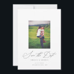 ミニマルモダンリスト書道写真 セーブザデート<br><div class="desc">の文房具結婚スイートの一部。このシンプルは、まだ洗練された保存日付の機能のタイポグラフィ書のアクセントモダン付き。白黒。</div>