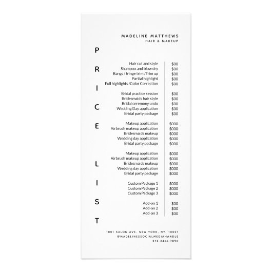 ミニマルモダンリスト白サロン価格表サービス ラックカード (正面)