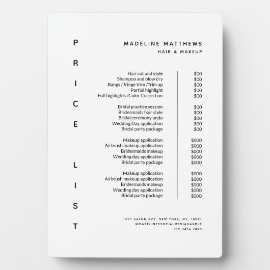 ミニマルモダンリスト白黒サロン価格表 フォトプラーク (正面)