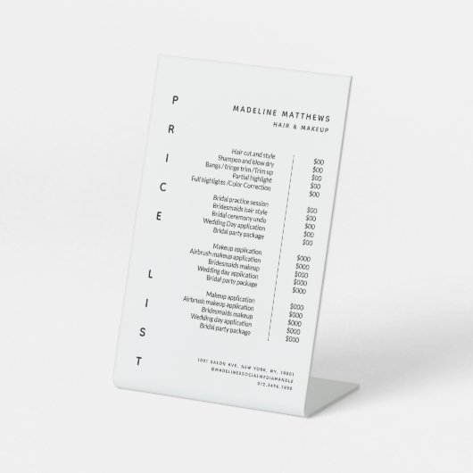 ミニマルモダンリスト白黒サロン価格表 台座サイン (正面)