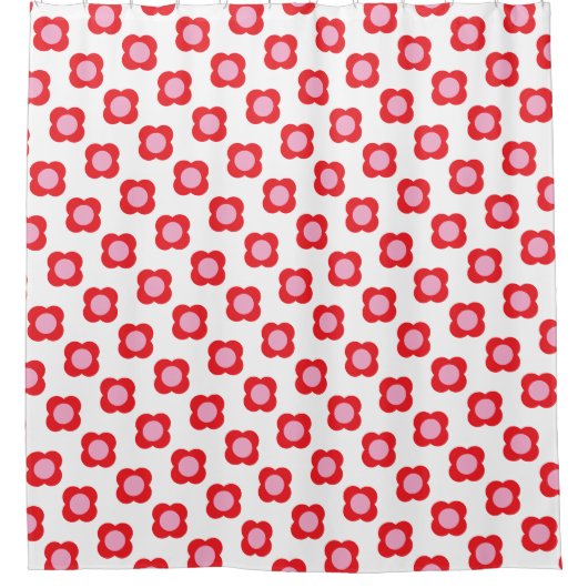 ミニマルモダンリスト赤とピンクのレトロの花 シャワーカーテン (正面)