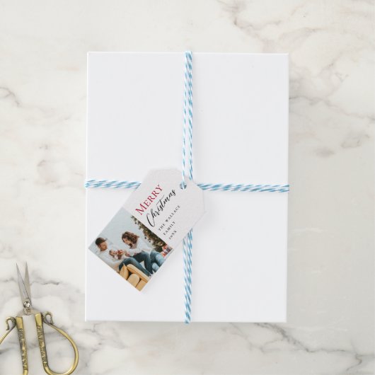 ミニマルモダンリスト赤メリークリスマススクリプトの写真 ギフトタグ (より糸つき)