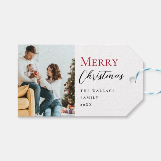 ミニマルモダンリスト赤メリークリスマススクリプトの写真 ギフトタグ (正面(横))