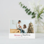 ミニマルモダンリスト赤メリークリスマススクリプトの写真 シーズンポストカード (スタンド正面)