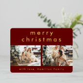 ミニマルモダンリスト赤メリークリスマスTwo写真 箔シーズンカード (立ち正面)