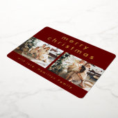 ミニマルモダンリスト赤メリークリスマスTwo写真 箔シーズンカード (回転した状態)