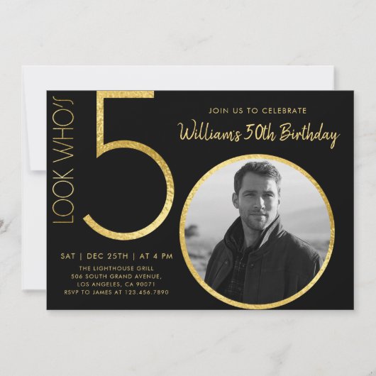 ミニマルモダンリスト金ゴールドタイプ50誕生日 招待状 (正面)