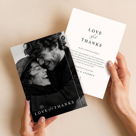 ミニマルモダンリスト黒のスクリプ結婚ト写真 サンキューカード