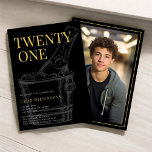 ミニマルモダンリスト黒金ゴールド写真21st Birthday 招待状<br><div class="desc">ミニマモダンリスト21st誕生日パーティの招待状はスタイリッシュ金ゴールド文字ことわざ21とクラシックセリフフォントの詳細の黒い背景色で男性へ、と驚き大人誕生日のを楽しんでシンプルエレガント素晴らし、パーティーを楽しむことができる21歳の誕生日の招待と女性。黒い背景色は任意の色に変更することができる。また、ライトグレーのバケツにシャンパンボトルを備えている。</div>