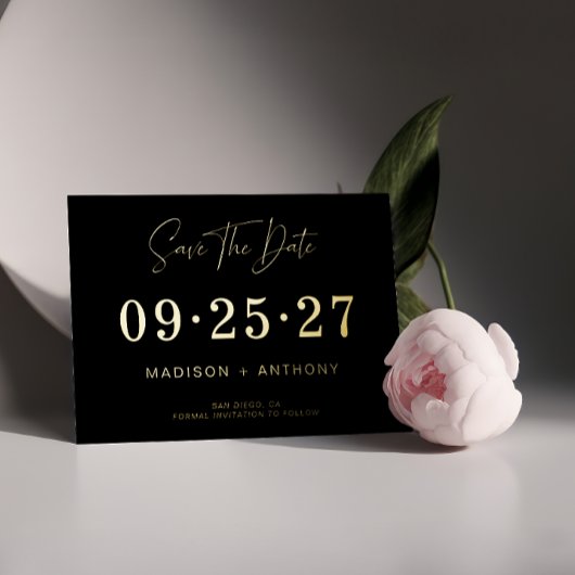 ミニマルモダンリスト黒金ゴールド日付の保存 箔招待状