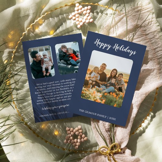 ミニマルモダンリスト|ブルー3フォトハッピーホリデーズニュース シーズンカード