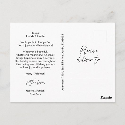 ミニマルモダンリスト、メリークリスマス家族の写真 ポストカード (裏面)