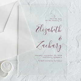 ミニマルモダンリストBurgundyスクリプト日付を保存 アクリル招待状