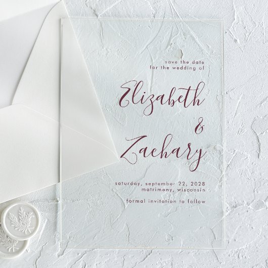 ミニマルモダンリストBurgundyスクリプト日付を保存 アクリル招待状