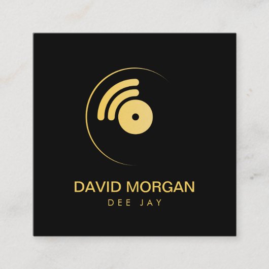 ミニマルモダンリストDJブラック&金ゴールドミュージックロゴ スクエア名刺 (正面)