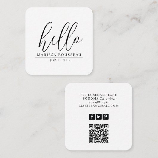 ミニマルモダンリストHello白黒QRコード スクエア名刺 (正面/裏面)