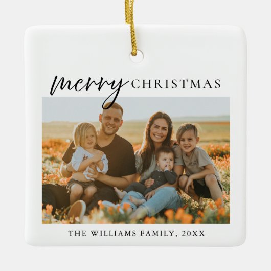 ミニマルモダン主義のメリークリスマスフォト セラミックオーナメント (正面)