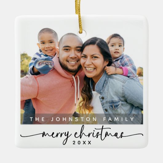 ミニマルモダン主義メリークリスマス家族の写真 セラミックオーナメント (正面)