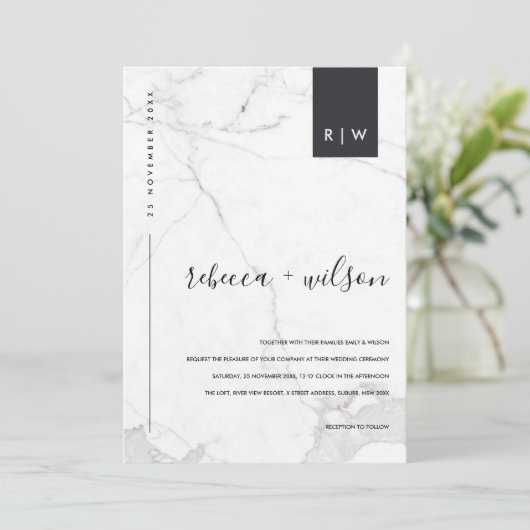 ミニマルモダン大理石タイポグラフィ結婚ズ 招待状 (スタンド正面)