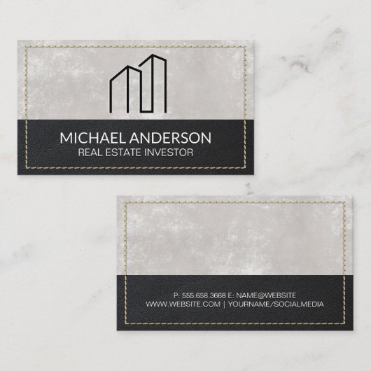 ミニマルモダン実在Estate Logo |ステッチ済みレザー 名刺 (正面/裏面)