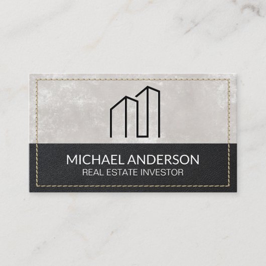 ミニマルモダン実在Estate Logo |ステッチ済みレザー 名刺 (正面)