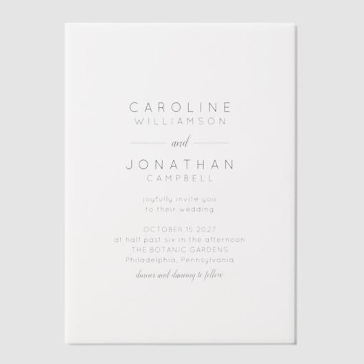 ミニマルモダン白黒フルネーム結婚の ベラム紙招待状 (正面)
