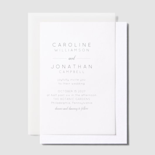 ミニマルモダン白黒フルネーム結婚の ベラム紙招待状 (オフセット)