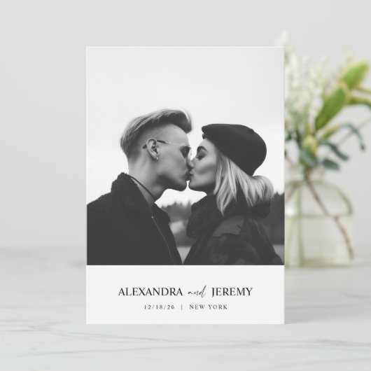 ミニマルモダン白黒結婚の写真 招待状 (スタンド正面)