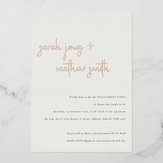 ミニマルモダン白黒・スクリプト婚約 箔招待状 (正面)