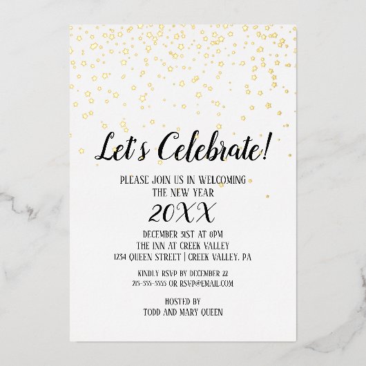 ミニマルモダン紙吹雪新年金ゴールド 箔招待状 (正面)