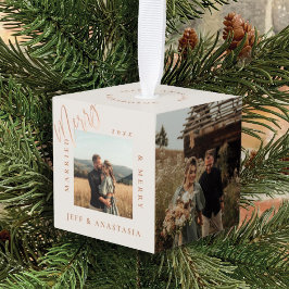 ミニマルモダン結婚したメリーと金ゴールドのスクリプトの写真 キューブオーナメント