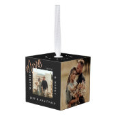 ミニマルモダン結婚したメリーと金ゴールドのスクリプトの写真 キューブオーナメント (裏面アングル)