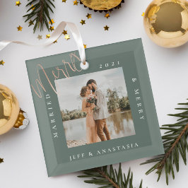 ミニマルモダン結婚したメリーと金ゴールドスクリプトの写真 ガラスオーナメント