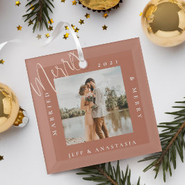 ミニマルモダン結婚したメリー &金ゴールドスクリプト写真 ガラスオーナメント