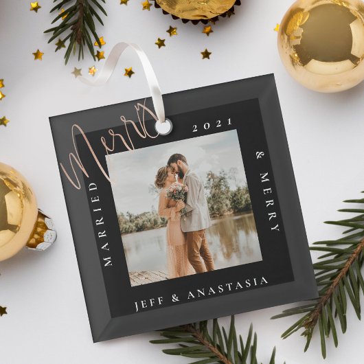 ミニマルモダン結婚したメリー &金ゴールドスクリプト写真 ガラスオーナメント