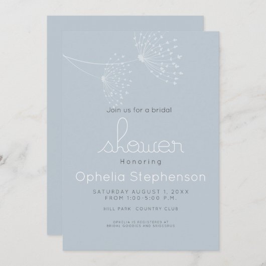 ミニマルモダン花ほこりっぽい青と白 招待状 (正面/裏面)