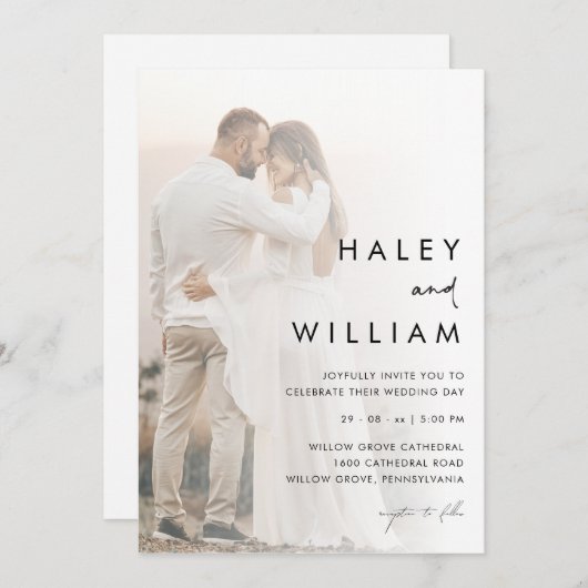 ミニマルモダン薄暗い写真優雅な結婚式 招待状 (正面/裏面)