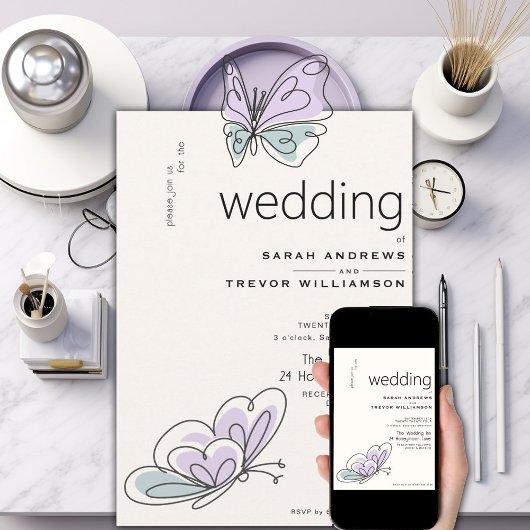 ミニマルモダン薄紫とダスティブルーバタフライ 招待状