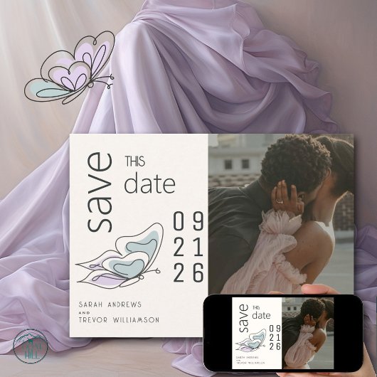 ミニマルモダン薄紫とダスティブルーバタフライ 招待状