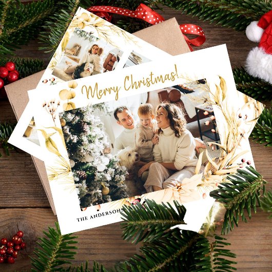 ミニマルモダン金ゴールドクリスマスフォトファミリー シーズンカード