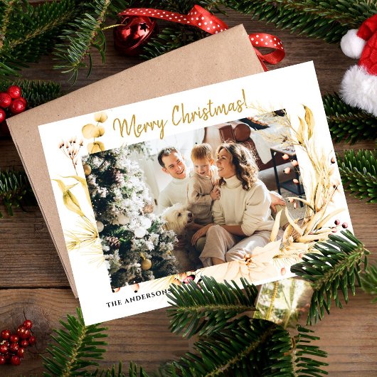 ミニマルモダン金ゴールドクリスマスフォトファミリー シーズンカード
