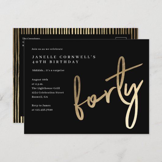 ミニマルモダン金ゴールドタイプ40歳の誕生日 インビテーションポストカード (正面/裏面)