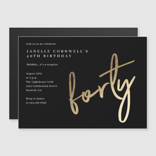 ミニマルモダン金ゴールドタイプ40歳の誕生日 マグネット招待状 (正面/裏面)