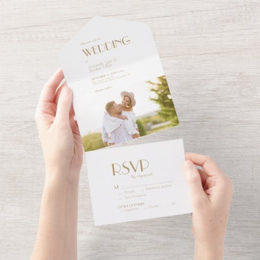 ミニマルモダン金ゴールド結婚アールデコ オールインワン招待状 (貼ってはがせる)