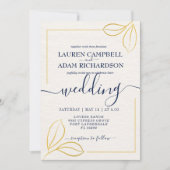 ミニマルモダン金ゴールド葉と青いテキスト結婚 招待状 (正面)