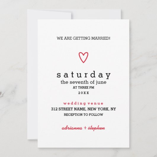 ミニマルモダン | 赤いハート | ウェディング 招待状 (正面)