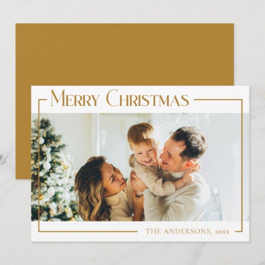 ミニマルモダンChristmas Familyフォトマスタード金ゴールド シーズンカード (正面/裏面)