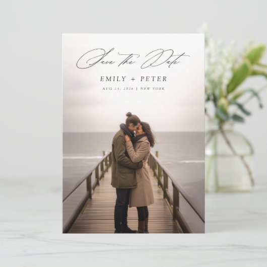 ミニマルモダンScript Photo Wedding日付の保存 招待状 (スタンド正面)
