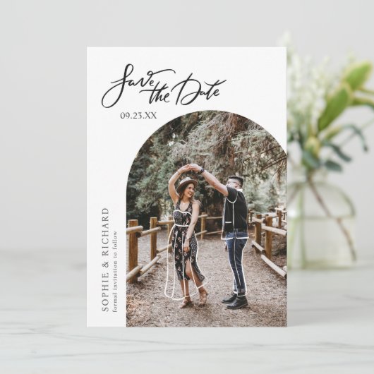 ミニマルユニークスおもしろい写真の日付の保存 招待状 (スタンド正面)